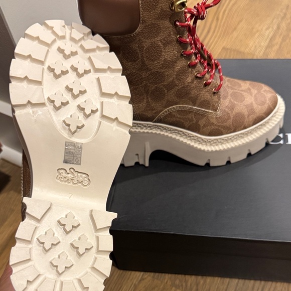 Coach Women's Tan and Red Lace-Up Boots - Picture 2 of 6